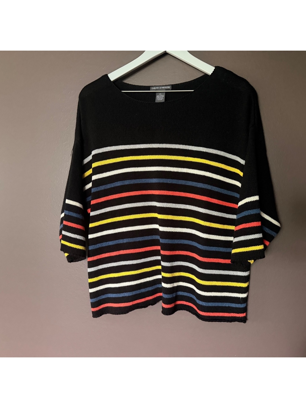 Chelsea & Theodore Black Multicolor Striped Oversized Knit Sweater XL